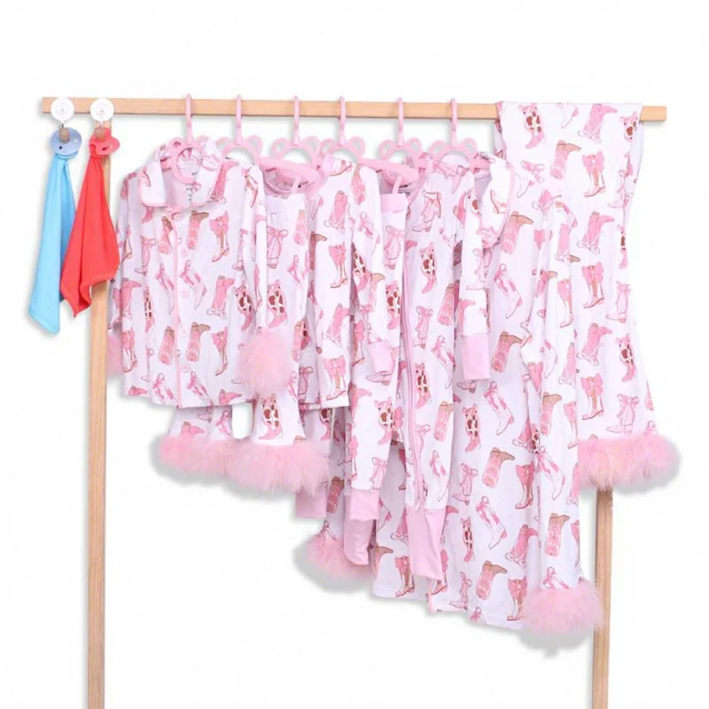 Breathable Toddler Children Bamboo Sleeping Set With Button Open Kids Feather Decorated Pajamas Outfit Custom Print Color