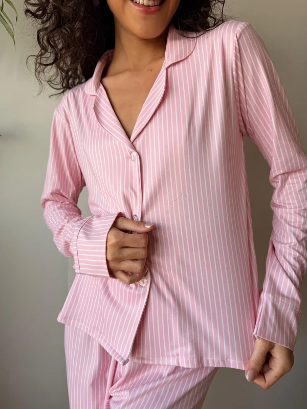 Breathable-Womens-Nightwear-Cotton-Pajamas-Pink-Print-Long-Sleeve-Button-up-Nightwear-Set