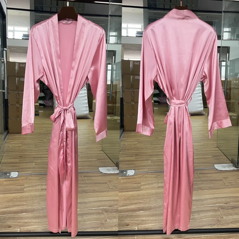 Bridal Women's Luxury Breathable Summer Spring Long Robe Pockets Silk Satin Kimono Soft Smooth Long Sleeve Solid Color Robes