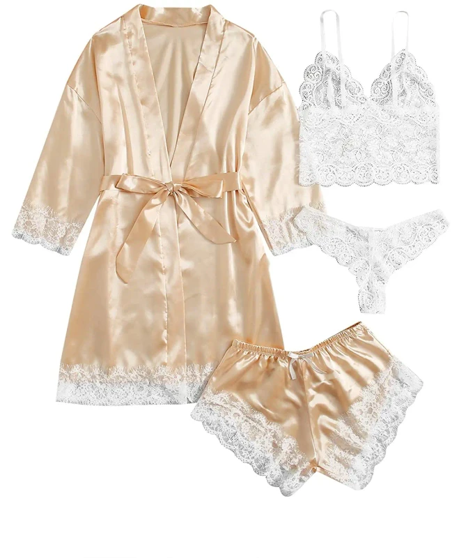 Bride Women's Robes Sleepwear 4pcs Set Floral Lace Trim Satin Cami Pajama Set Bridesmaid Gift Ideas