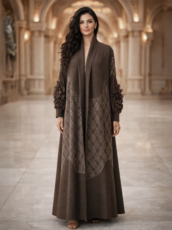 Brown-Pleated-Abaya-Dubai-Style-Fashion-Ruffle-Cuff-Embroidery-Maxi-Robe-Ramadan-Special-Muslim-Womens-Modest-Dress