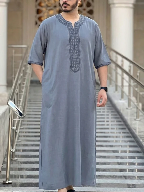 CCY Men's Middle East Thobe Muslim Embroidered Kaftan Short Sleeve Arab Robe Dubai Moroccan Jubba Islamic Clothing Dishdasha