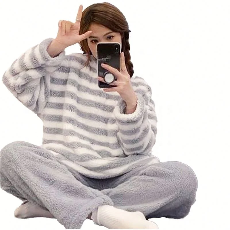 Cartoon Breathable Casual Style Women's Long Sleeved Flannel Sleepwear Set Autumn Winter Thick Pullover Elastic