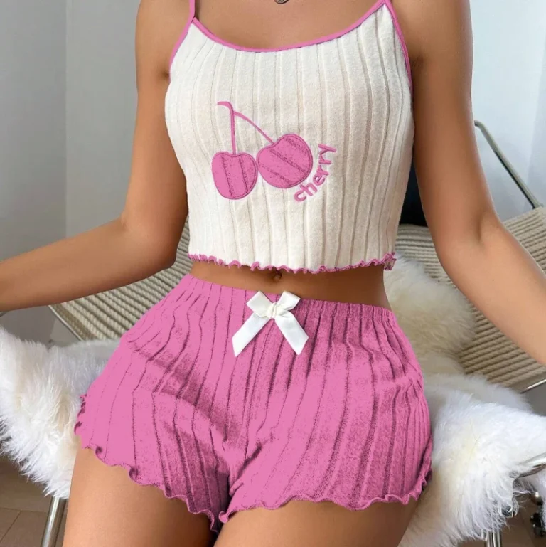 Cartoon-Cute-Cherry-Sexy-Pajamas-Womens-Summer-Home-Sleep-Wear-Sleeveless-Tank-Top-Camisole-Shorts-2-Pieces-Loungewear-Pajamas