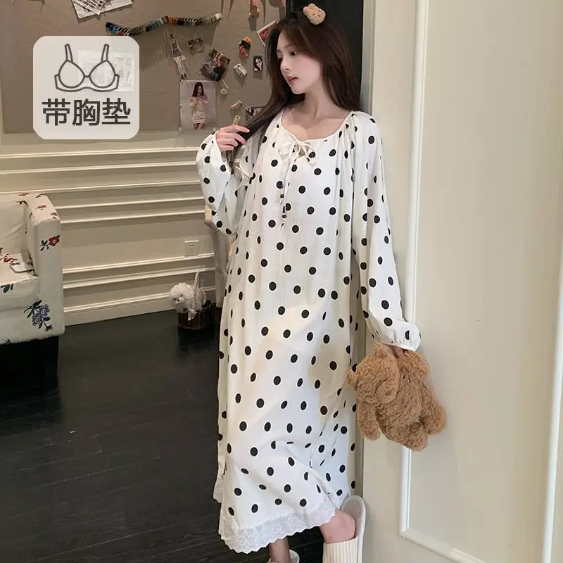 Cartoon Pajamas Mujer Cute Nightdress Long Sleeve Womens Cotton Sleepwear French Style Sweet Mid Length Nightgown