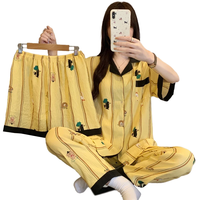 Cartoon Print Striped Fall Comfortable Women's Short sleeve Homewear Three piece Set