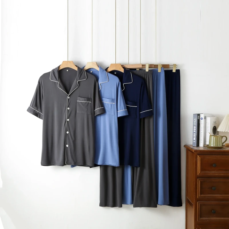 Casual Bamboo Men's Pajama Set Simple Pure Color Spring Summer Short Sleeved Pants Can Be Worn Home Clothes