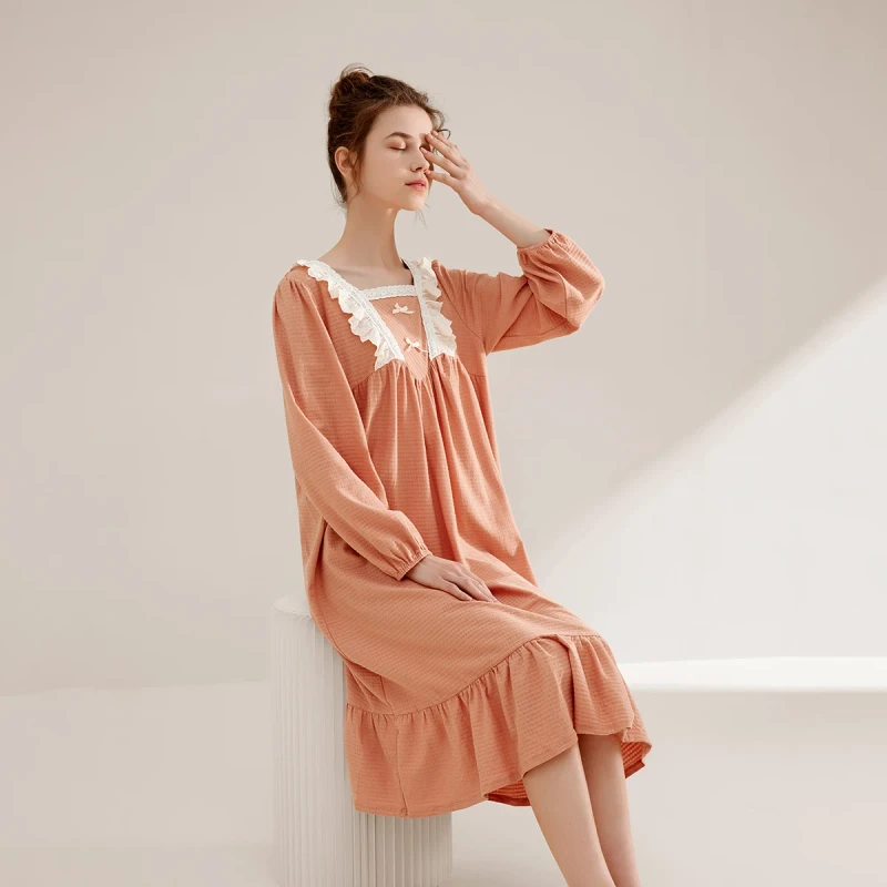Casual Long Sleeve Knitted Cotton Spandex Breathable Bow Grace Sweet Luxury Plus Size Custom Knee Length Nightgown