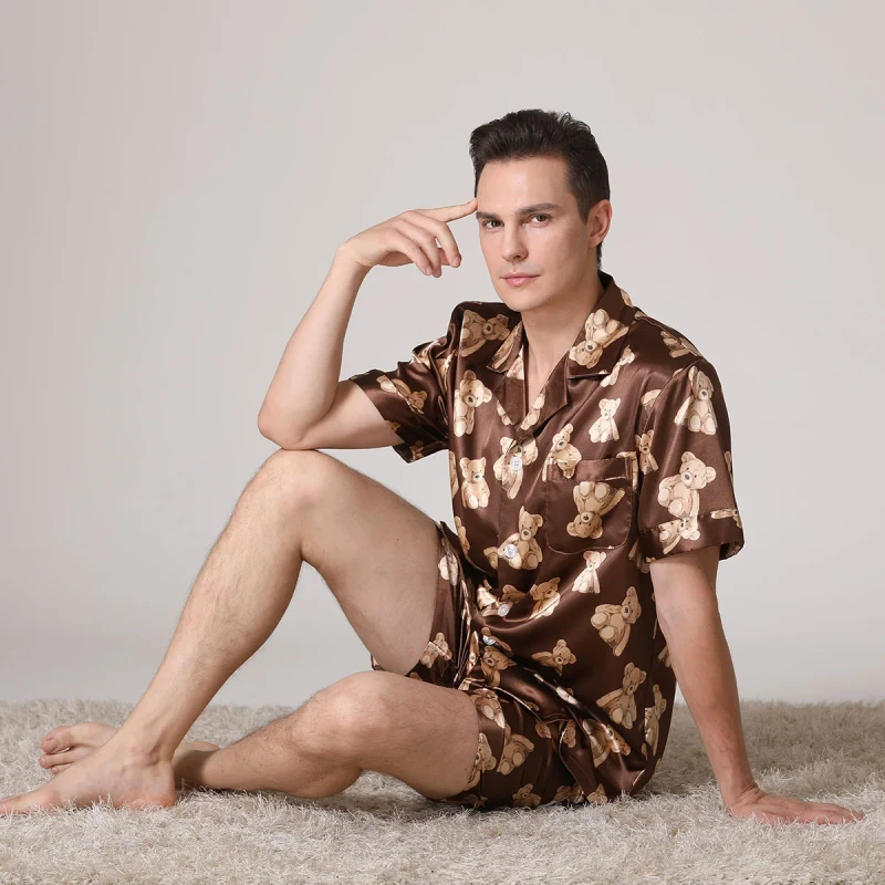Casual Men's Breathable Imitated Silk Fabric Digital Printed Pajama Sets Short Sleeves Shorts Loungewear Sleepwear for
