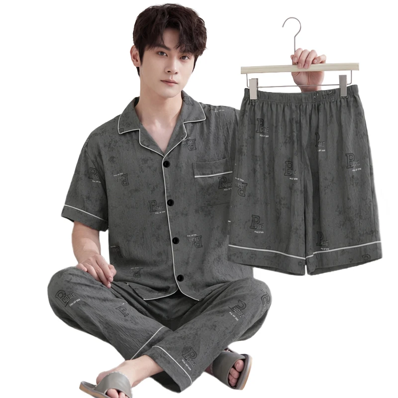 Casual Men's Sleepwear Short sleeve Summer Plus size Simple Cardigan Three-piece Loungewear Set