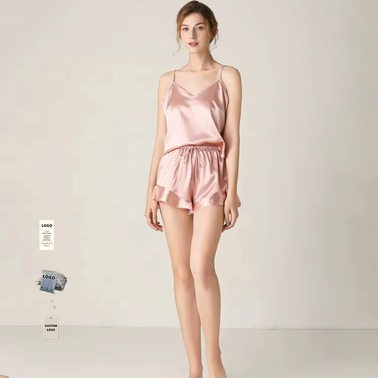 Casual Pink Satin V neck Cami Top and Ruffle Shorts Set Summer Women's Ice Silk Loungewear Pajama Set