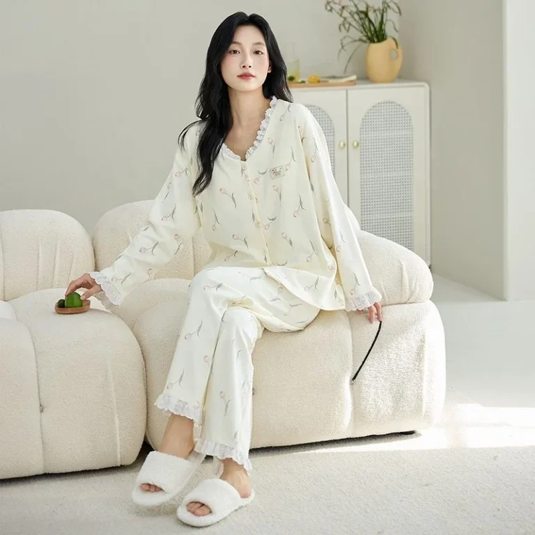 Casual-Pure-Cotton-Sleepwear-for-Women-in-Spring-Autumn-Simple-Floral-Printed-Comfortable-Long-Sleeved-Pajamas-Home-Clothes