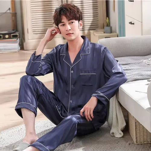 Casual Striped Breathable Solid Color Long Sleeve Satin Men's Pajamas Set with Custom Logo