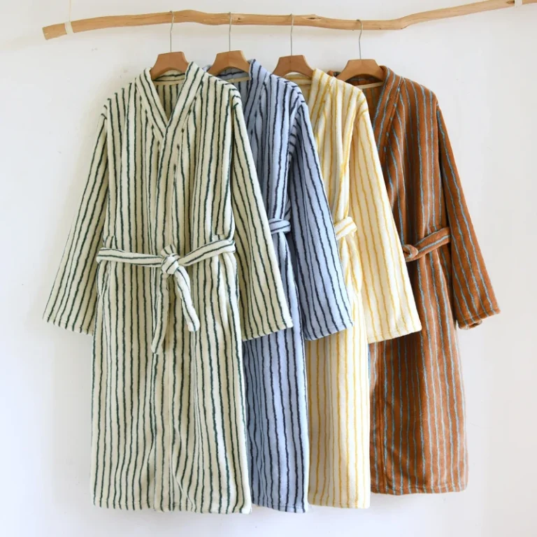 Casual-Striped-Womens-Coral-Fleece-Pajamas-Long-Robe-Sleepwear-Homewear-Customizable