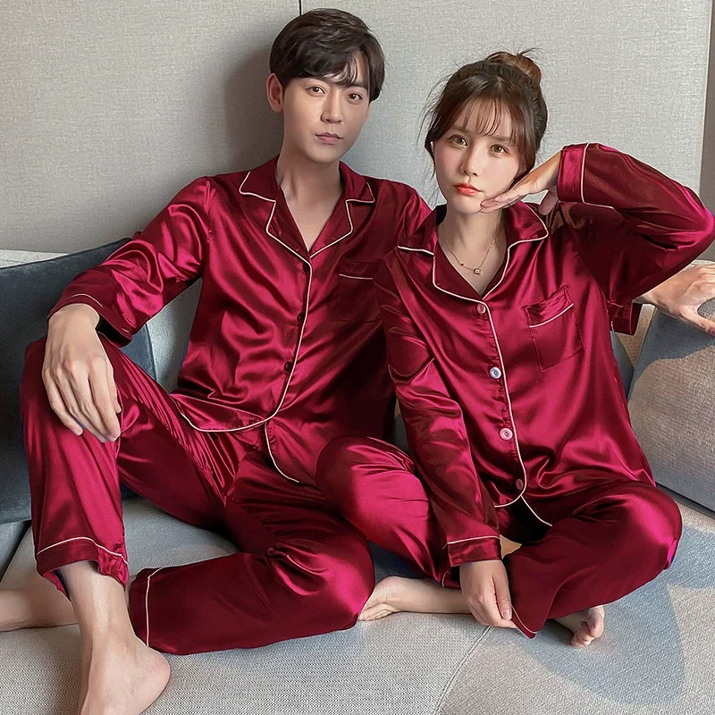 Casual Style Satin Pyjamas Set for Couples Polyester Long Sleeve Breathable Men's and Women's Sleepwear