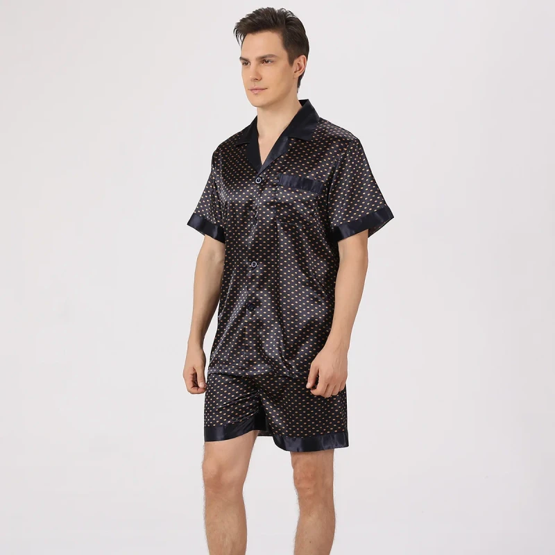 Casual Two Piece Summer Breathable Silk Pajamas Set Plus Size Men Thin Short Sleeved Fleece Ice Silk Home Clothes Shorts