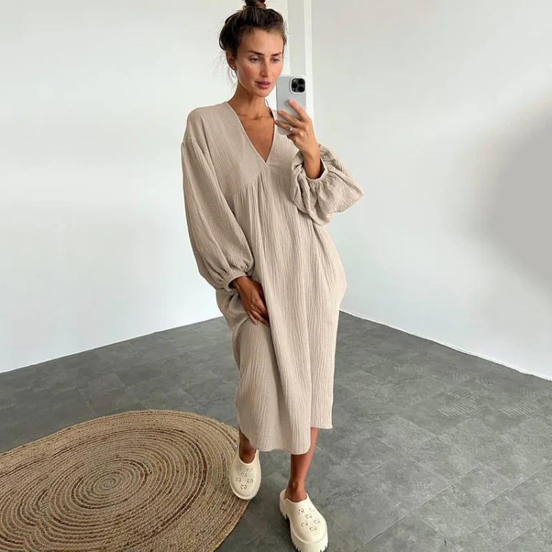 Casual Women's Double Crepe Cotton Midi V-Neck Pajamas Lantern Sleeve Loungewear Long Skirt Loose Evening Dress Summer Spring