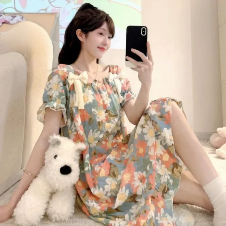 Casual-Womens-Summer-Sleepwear-Elegant-Loose-Short-Sleeve-Nightgowns-Comfortable-Cotton-Sweet-Printed-Nightdress
