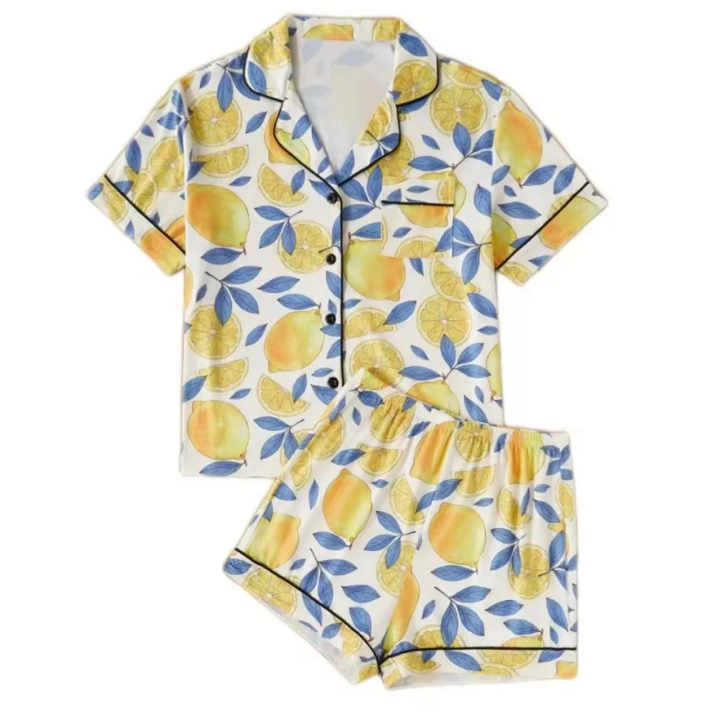 Casual Women's V-neck Lemon Print Knitted Pajama Set Elastic Waist Breathable Soft for Summer Autumn