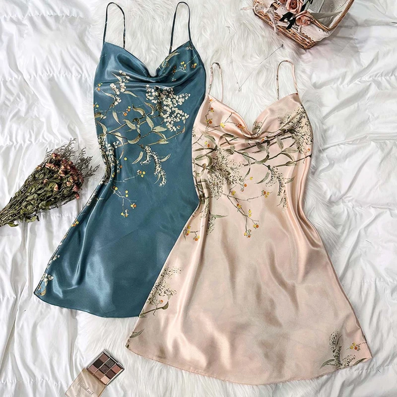 Cherry Print Ladies Silk Nightdress 2 Piece Pajamas Set Thin Sexy New Home Dress for Women for Summer Autumn Spring
