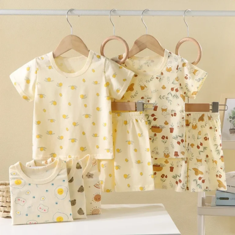 Children-100-Cotton-Korean-Style-Pajamas-Set-Short-sleeved-Top-Shorts-Cartoon-Flowers-Pattern-Suitable-for-Boys-Girls