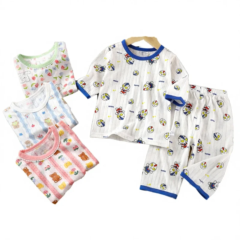 Children's Home Wear Sets 2pcs Formal Pure Cotton Summer Baby Pajamas Breathable Thin Air Conditioned Suits Anti Wrinkle