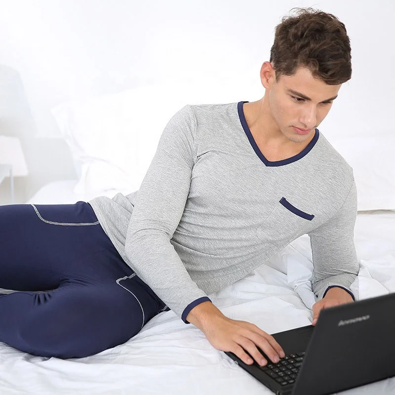 Chinese Factory Custom Luxury Plus Size Thermal Gray Comfort Knitted Fabric Men's Spring Autumn Fall Winter Sleepwear Pajamas