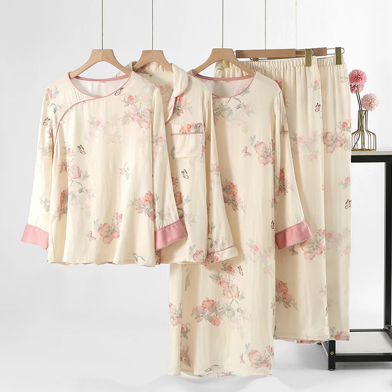 Chinese Retro Elegant Quick Dry and Breathable Organic Cotton Women O Neck Long sleeved Pajama Set Sleepwear Nightdress