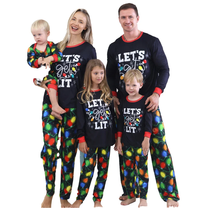 Christmas Cartoon Letter Print Long Sleeve Knitted Pajama Set Matching Family Christmas Crew Pajamas Family Sleepwear