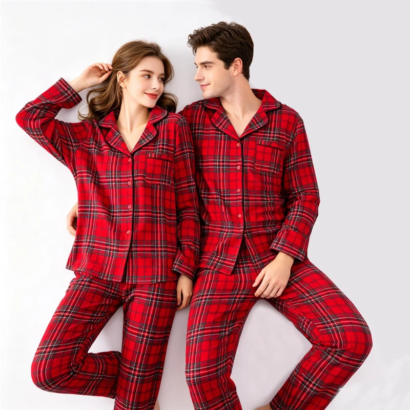 Christmas Couple Matching Pajamas Set 100% Cotton Yarn-dyed Red Plaid Brushed Flannel Holiday Sleepwear