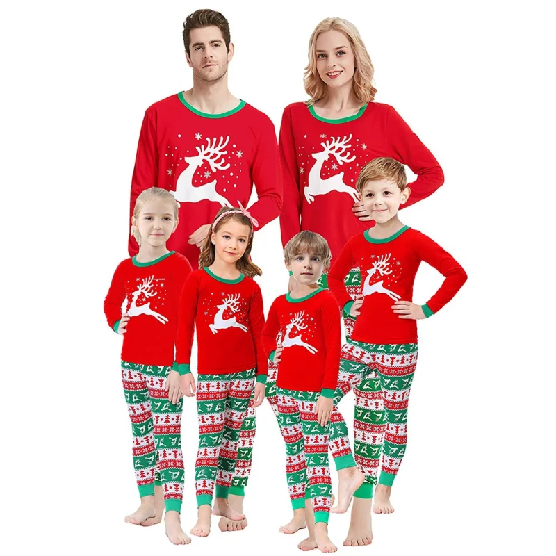 Christmas Family Pajamas Sets Matching Christmas Pajamas With Deer Printed Plaid Pants Sleepwear