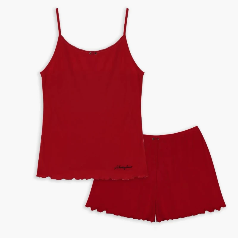 Christmas New Year Spring Red Camisole Pajama Set Elastic Waist Wave Edge Design Shorts Skin Friendly Breathable Knitted Sexy