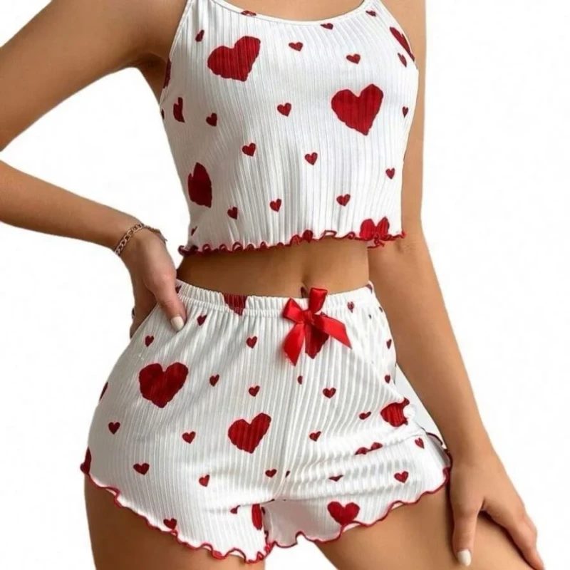 Christmas Pajamas Set Women's Loungewear Love Heart Print Casual Cool Ice Silk Sleepwear Clothing
