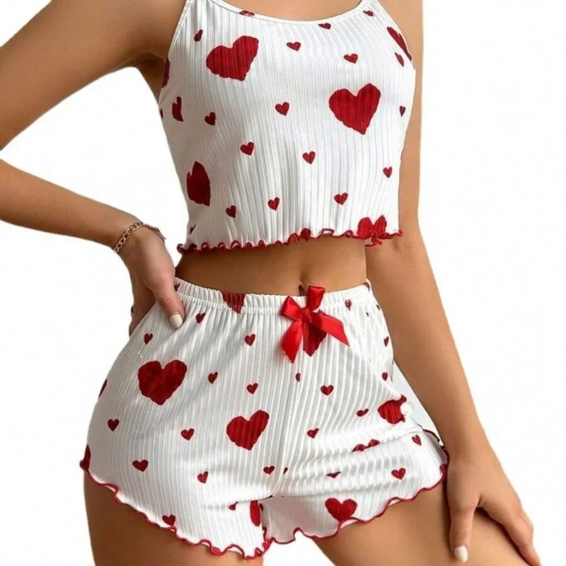 Christmas Pajamas Set Women's Loungewear Love Heart Print Casual Cool Ice Silk Sleepwear Clothing