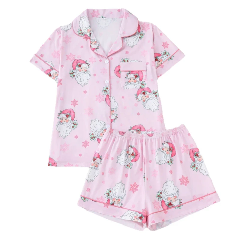 Christmas Prints Women Short Sleeve Shirt Shorts Pajamas Set Casual Soft Pink Sleepwear