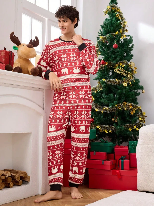 Christmas Style Men's Skin Friendly Thermal Round Neck Men's Winter Pajamas