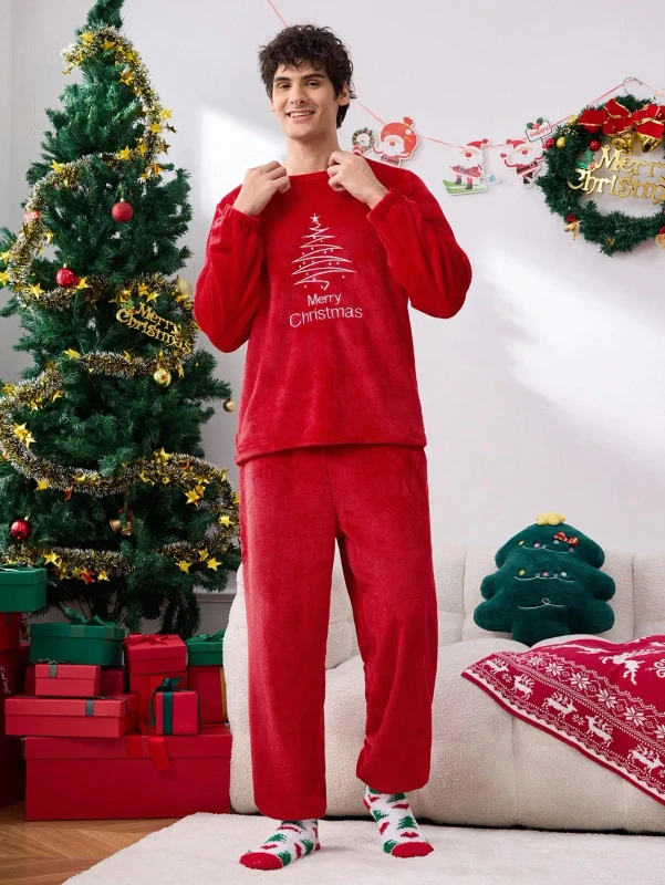 Christmas Style Men's Warm Long Sleeve Garment Dyed Flannel Shirt Couple Pajamas Winter