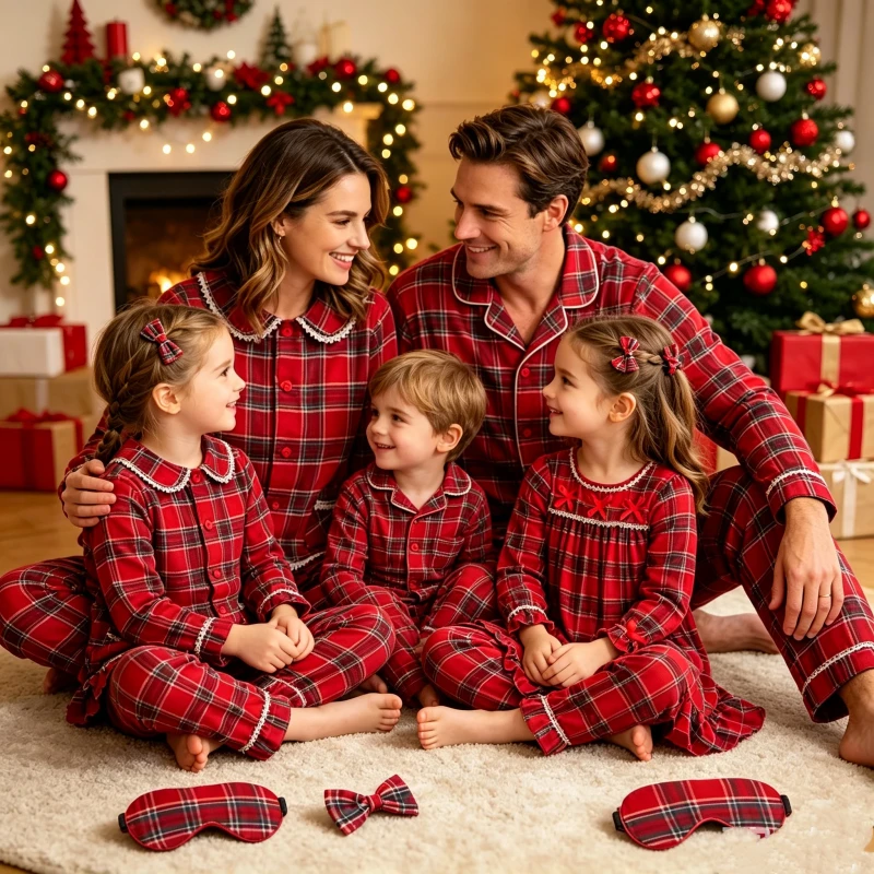 Christmas Tartan Family Matching Flannel Pyjamas Set Couple Button Down Pajamas Pants Set Baby Girl Night Dress Children Pjs