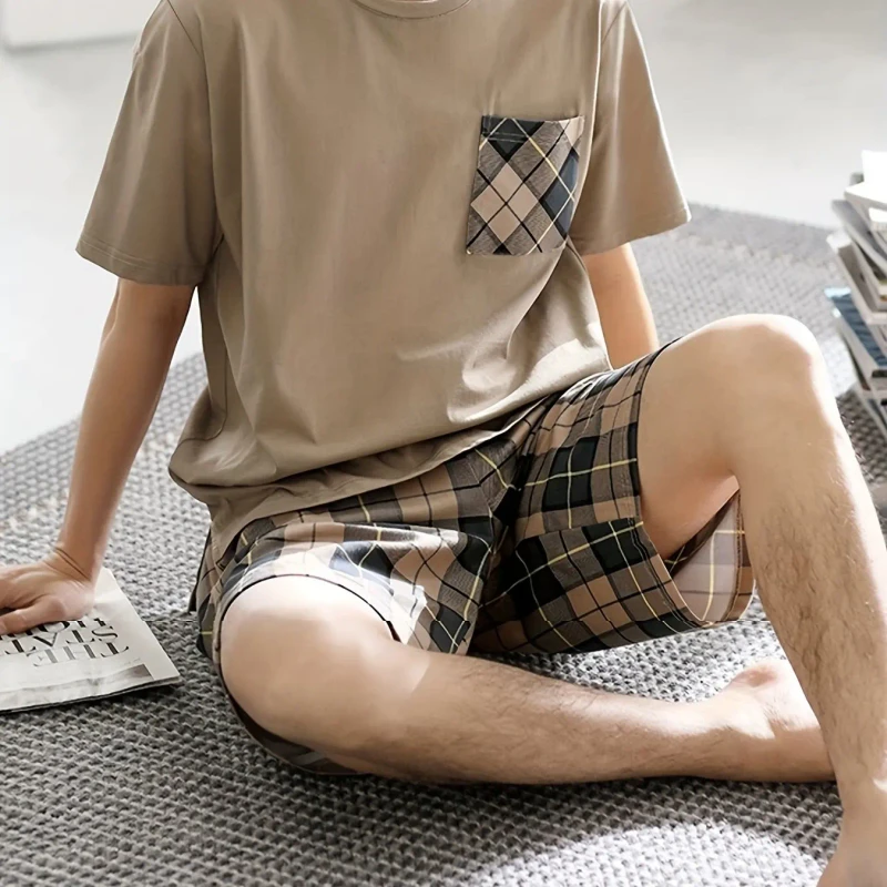 Classic Pajama Set Short Sleeve Pajamas for Men Loungewear Casual Sleepwear With Pocket