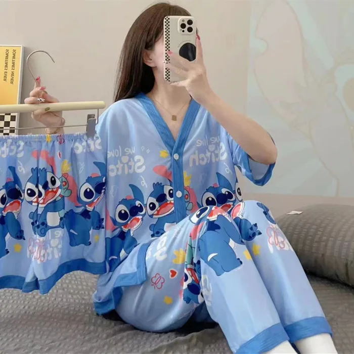 Classic Style Women's Three-Piece Set Spring Summer Short-Sleeved Sleepwear Thermal Home Knitted Elastic Waist