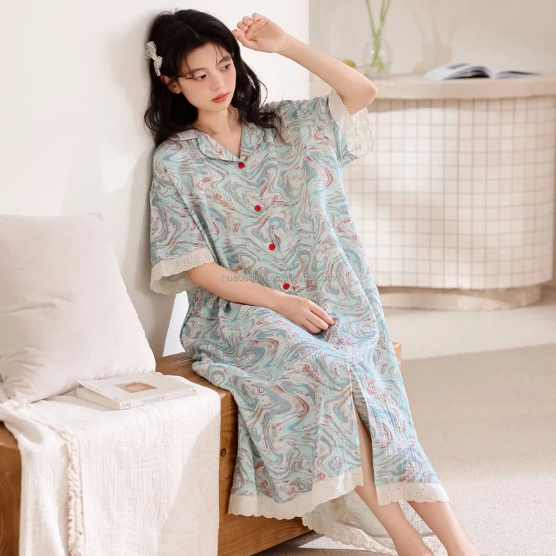 Cloud Cotton Summer Women's Cardigan Nightdress Floral Print Loose Elegant Sleep Skirt