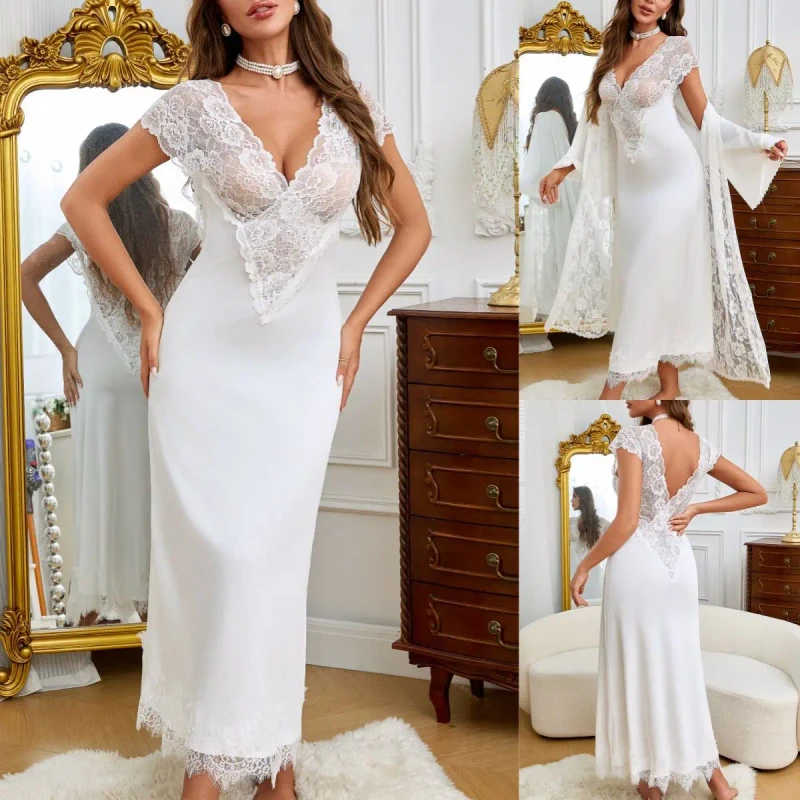 Comfortable And Breathable Women's Sexy Lace Deep V dress Nightgown Two piece Set