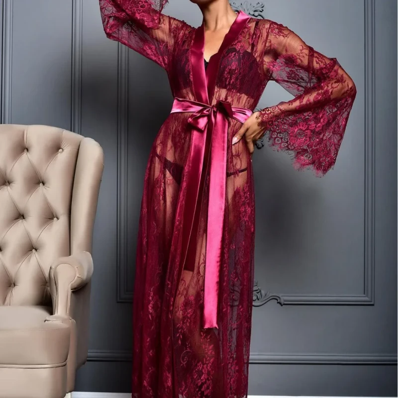 Comfortable Breathable Sexy Lingerie Women's Mesh See Through Fashion Lace Long Sleeve Lace-up Robe