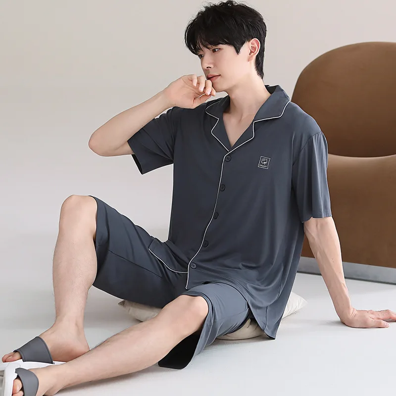 Cooling Breathable Stretch Solid Home Pajamas Men's Modal Short-sleeved Casual Thin Ice Silk Summer Cardigan Set