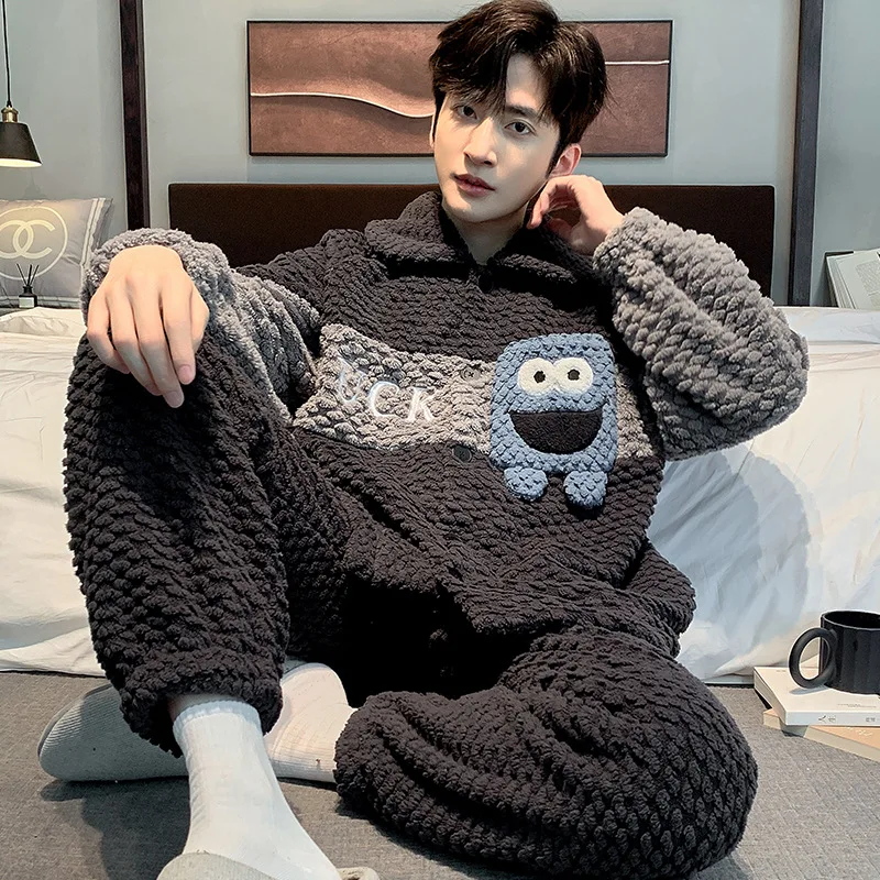 Coral Fleece Men's Pajama Set Stand Collar Zip up Winter Warm Plus Size Homewear for Teens