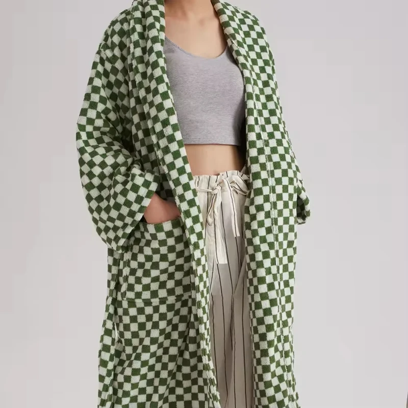 Cotton Bathrobe Checkerboard Vertical Stripes Combed Long Pile Thermal 100% Double sided Terry Towel Cotton Bathrobe