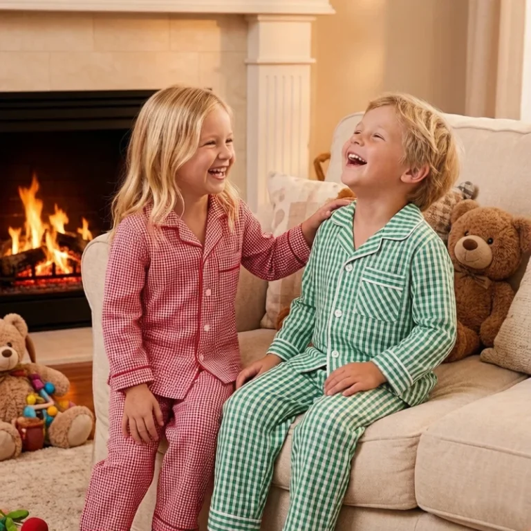 Cotton-Childrens-Pyjamas-Set-Sibling-Matching-Red-Gingham-Pajama-Pants-Two-Piece-Set-Monogrammed-Woven-Gingham-Front-Pocket-Pjs