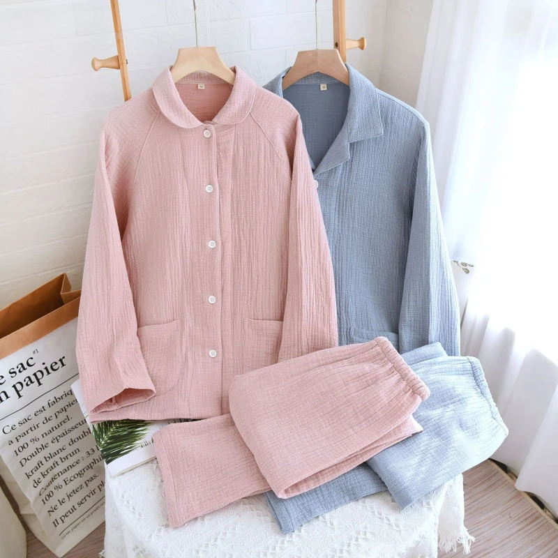 Cotton Crepe Pajamas Set Four Layer Gauze Plus Size Long Sleeves and Pants 100% Soft Thermal Cotton Unisex