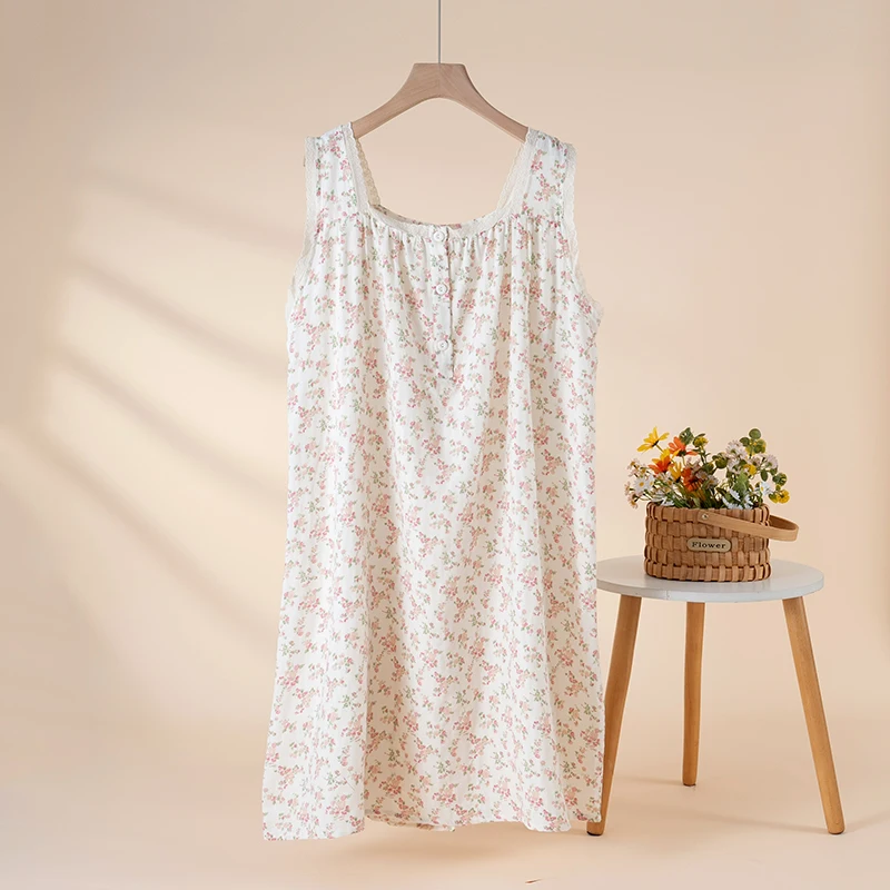 Cotton Floral Print Pajama Nightdress Breathable Sleeping Dress Sleeveless Nightgown Ultra-Soft Comfortable Sleepwear