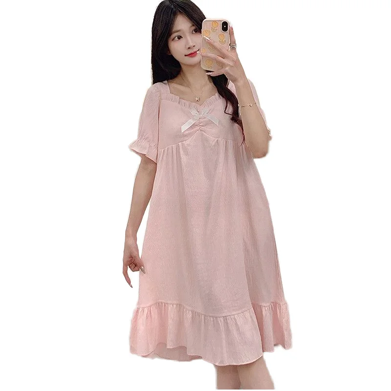 Cotton Summer Night Dress Girls Casual Sleepwear Loose Cute Royal Sweet Princess Victorian Style Nightdress